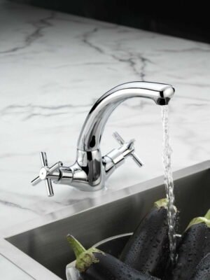 Kitchen Modern Mono Sink Mixer Tap Cross Head Handle Chrome Curved Spout NEW