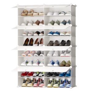 JOISCOPE Shoe Storage Cabinet Organiser 2 x 8 Tier Modular Dustproof Plastic Shoe Rack Cabinet, Large Capacity Multifunctional Shoe Cabinet, Space Saving for Hallway Bedroom Entryway, Milky