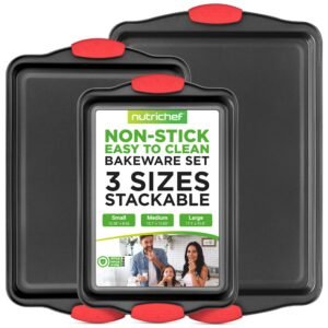 Nutrichef 6-Piece Steel Nonstick Bakeware Set - Carbon Steel Baking Tray Set w/Heatsafe Red Silicone Handles, Oven Safe Up to 450°F, Loaf Muffin Round/Square Pans, Cookie Sheet, Baking Pan NCSBS6S
