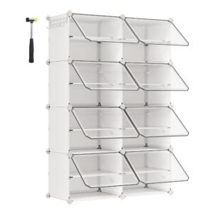 SONGMICS Interlocking Shoe Rack, Plastic Shoe Storage Cabinet, 8-Slot Modular Storage Organiser Unit, 30 x 40 x 30 cm for Each Slot, with Doors, Steel Frame, Plastic Panels, White LPC034W01
