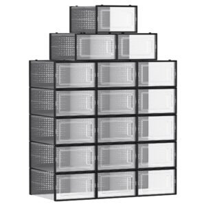 SONGMICS Shoe Boxes, Pack of 18 Stackable Shoe Storage Organisers, Foldable and Versatile for Sneakers, Fit up to UK Size 11, Transparent and Black LSP18SBKV1